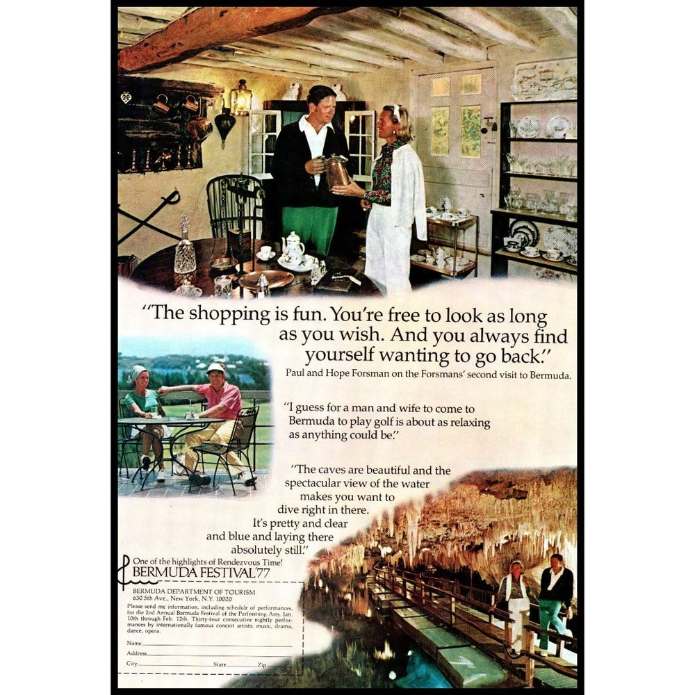 1976 Bermuda Festival '77 Vintage Print Ad Travel Guide Vacation Caves Wall Art